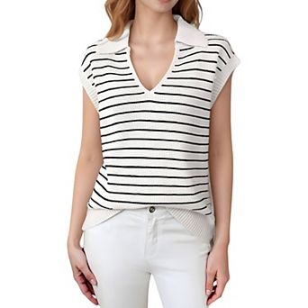 Women's Striped Knit Sleeveless Sweater Vest with Collared V-Neck