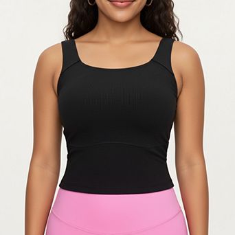 Women's Ribbed Square Neck Tank Top with Wide Straps and Fitted Stretch Design