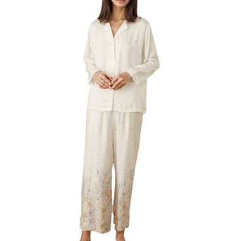 Women's Floral Hem Pajama Set with Long Sleeve Top and Relaxed Fit Wide Leg Pants
