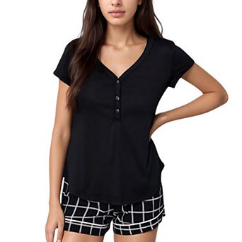 Women's Short Sleeve Button Front Sleep Shirt and Plaid Drawstring Lounge Shorts Pajama Set