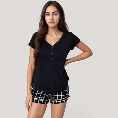 Women's Short Sleeve Button Front Sleep Shirt and Plaid Drawstring Lounge Shorts Pajama Set
