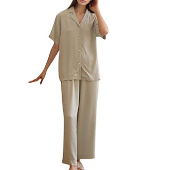 Women's Satin Button-Up Pajama Set with Short Sleeves and Relaxed Fit Wide Leg Pants
