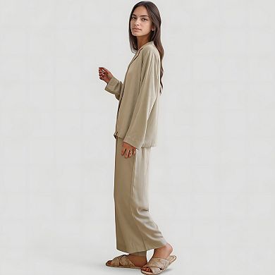 Women's Satin Button-Up Pajama Set with Short Sleeves and Relaxed Fit Wide Leg Pants