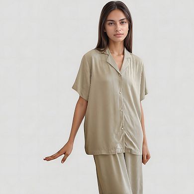 Women's Satin Button-Up Pajama Set with Short Sleeves and Relaxed Fit Wide Leg Pants