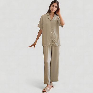 Women's Satin Button-Up Pajama Set with Short Sleeves and Relaxed Fit Wide Leg Pants