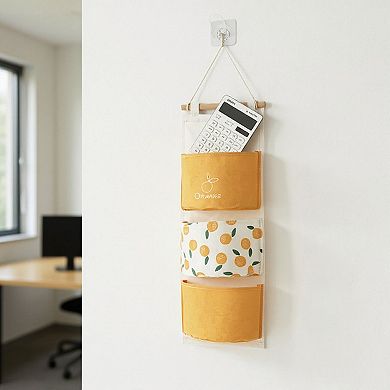 Hanging Wall Storage Organizer with Multiple Fabric Pockets and Orange Fruit Print Design
