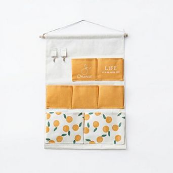 Hanging Wall Storage Organizer with Multiple Fabric Pockets and Orange Fruit Print Design