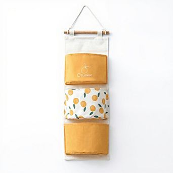 Hanging Wall Storage Organizer with Multiple Fabric Pockets and Orange Fruit Print Design