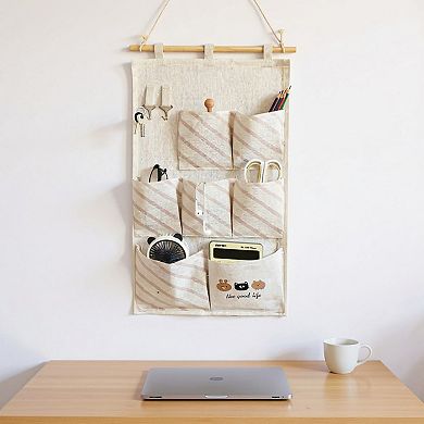 Hanging Fabric Storage Organizer with Wooden Rod and Multi-Pocket Design