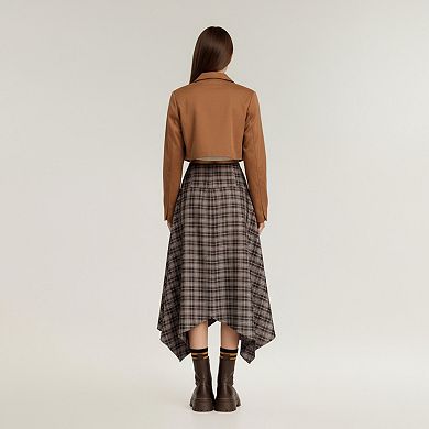 Women's Asymmetrical Plaid Midi Skirt with Layered Handkerchief Hem