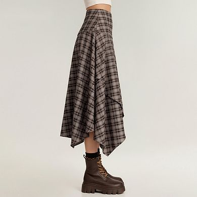 Women's Asymmetrical Plaid Midi Skirt with Layered Handkerchief Hem