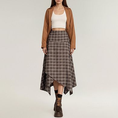 Women's Asymmetrical Plaid Midi Skirt with Layered Handkerchief Hem