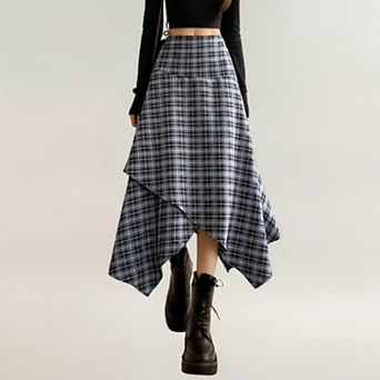 Women's Asymmetrical Plaid Midi Skirt with Layered Handkerchief Hem