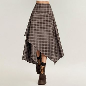 Women's Asymmetrical Plaid Midi Skirt with Layered Handkerchief Hem
