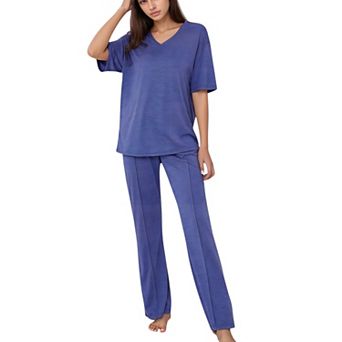 Women's Short Sleeve V-Neck Pajama Set with Relaxed Fit Knit Top and Wide Leg Lounge Pants