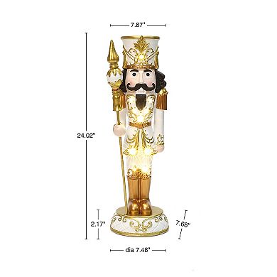 LuxenHome 2Ft Lighted White and Gold Nutcracker Soldier with Scepter, Battery-Op Christmas Decor