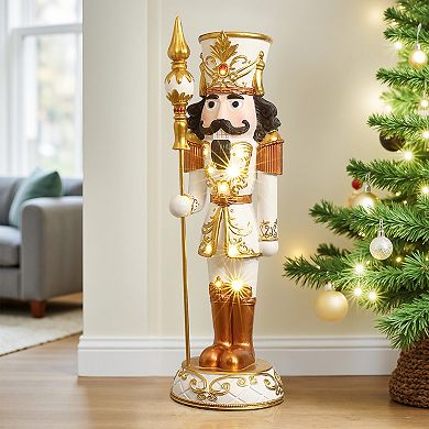 LuxenHome 2Ft Lighted White and Gold Nutcracker Soldier with Scepter, Battery-Op Christmas Decor