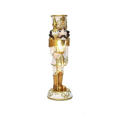 LuxenHome 2Ft Lighted White and Gold Nutcracker Soldier with Scepter, Battery-Op Christmas Decor