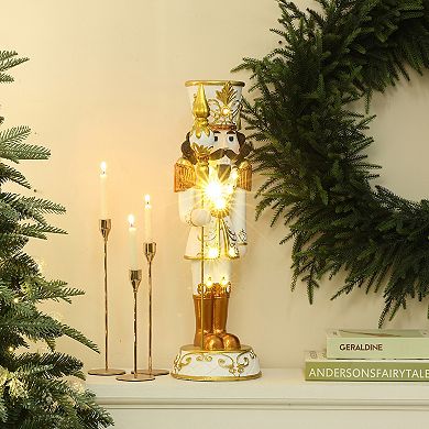 LuxenHome 2Ft Lighted White and Gold Nutcracker Soldier with Scepter, Battery-Op Christmas Decor