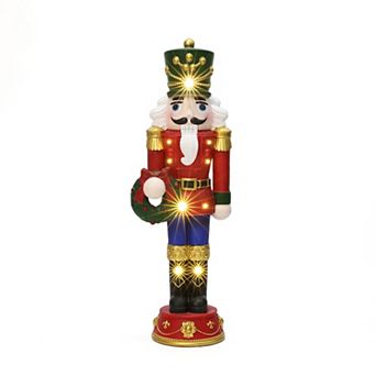 LuxenHome 2Ft Lighted Nutcracker Red Soldier with Wreath, Battery Operated Christmas Decoration