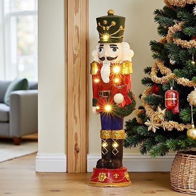 LuxenHome 2Ft Lighted Nutcracker Red Soldier with Wreath, Battery Operated Christmas Decoration