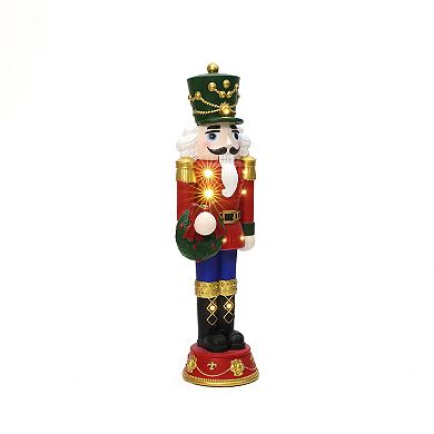 LuxenHome 2Ft Lighted Nutcracker Red Soldier with Wreath, Battery Operated Christmas Decoration