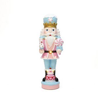 LuxenHome 2Ft Lighted Nutcracker Pink Soldier with Cake, Battery Operated Holiday Decoration