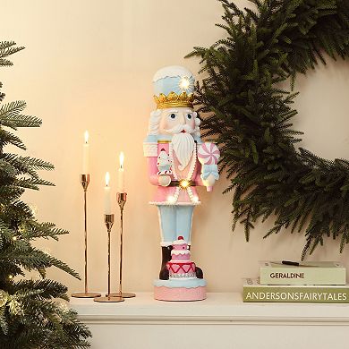 LuxenHome 2Ft Lighted Nutcracker Pink Soldier with Cake, Battery Operated Holiday Decoration