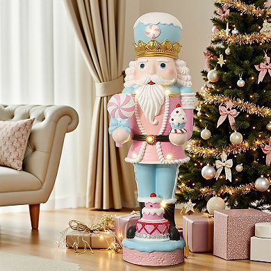 LuxenHome 4Ft Lighted Nutcracker Pink Soldier with Cake, Battery Operated Holiday Decoration