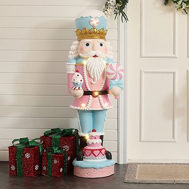 LuxenHome 4Ft Lighted Nutcracker Pink Soldier with Cake, Battery Operated Holiday Decoration