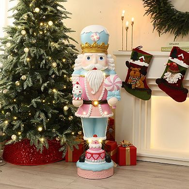 LuxenHome 4Ft Lighted Nutcracker Pink Soldier with Cake, Battery Operated Holiday Decoration