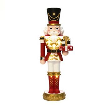 LuxenHome 2-Foot Lighted Red Nutcracker Soldier with Presents, Battery Operated Holiday Decoration
