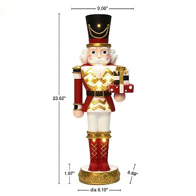LuxenHome 2-Foot Lighted Red Nutcracker Soldier with Presents, Battery Operated Holiday Decoration