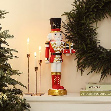 LuxenHome 2-Foot Lighted Red Nutcracker Soldier with Presents, Battery Operated Holiday Decoration