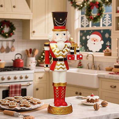 LuxenHome 2-Foot Lighted Red Nutcracker Soldier with Presents, Battery Operated Holiday Decoration