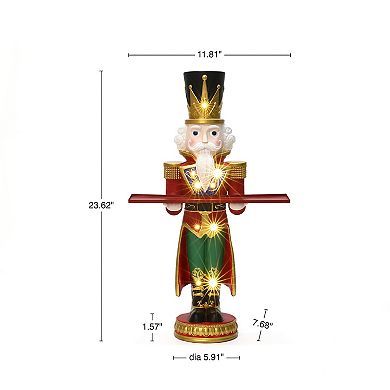 LuxenHome 2Ft Tall Nutcracker Red Soldier with Tray, Battery-Operated Holiday Decoration with Lights