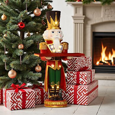 LuxenHome 2Ft Tall Nutcracker Red Soldier with Tray, Battery-Operated Holiday Decoration with Lights