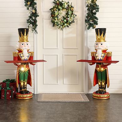 LuxenHome 4Ft Tall Nutcracker Red Soldier with Tray, Battery-Operated Holiday Decoration with Lights