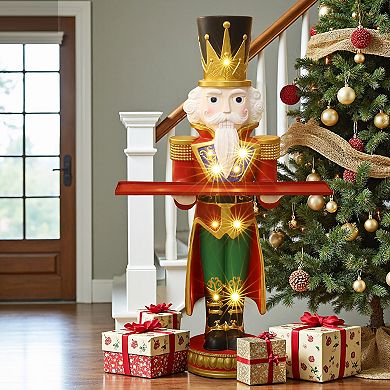 LuxenHome 4Ft Tall Nutcracker Red Soldier with Tray, Battery-Operated Holiday Decoration with Lights