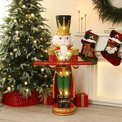 LuxenHome 4Ft Tall Nutcracker Red Soldier with Tray, Battery-Operated Holiday Decoration with Lights