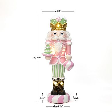 LuxenHome 2Ft Lighted Nutcracker Pink Soldier with Candy Tree, Battery Operated Holiday Decoration