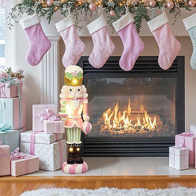 LuxenHome 2Ft Lighted Nutcracker Pink Soldier with Candy Tree, Battery Operated Holiday Decoration