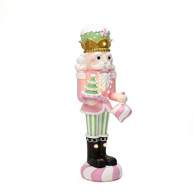 LuxenHome 2Ft Lighted Nutcracker Pink Soldier with Candy Tree, Battery Operated Holiday Decoration