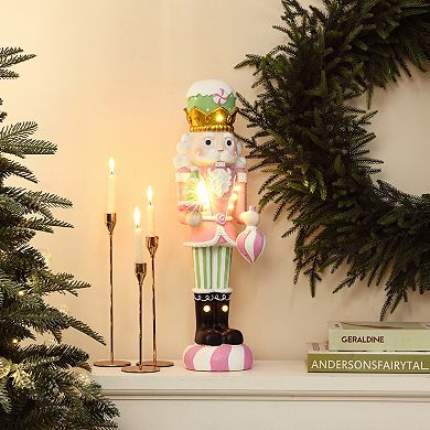 LuxenHome 2Ft Lighted Nutcracker Pink Soldier with Candy Tree, Battery Operated Holiday Decoration