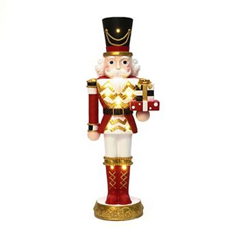 LuxenHome 3-Foot Lighted Red Nutcracker Soldier with Presents, Battery Operated Holiday Decoration