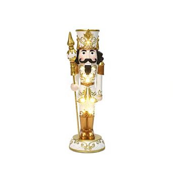LuxenHome 3Ft Lighted White and Gold Nutcracker Soldier with Scepter, Battery-Op Christmas Decor