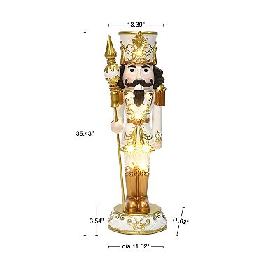 LuxenHome 3Ft Lighted White and Gold Nutcracker Soldier with Scepter, Battery-Op Christmas Decor