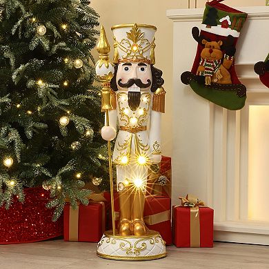 LuxenHome 3Ft Lighted White and Gold Nutcracker Soldier with Scepter, Battery-Op Christmas Decor