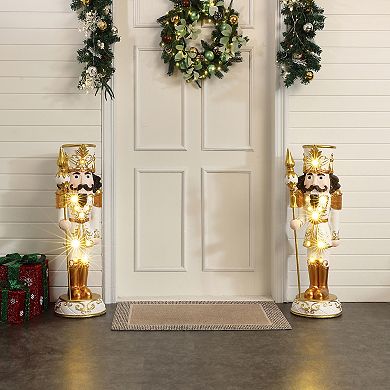 LuxenHome 3Ft Lighted White and Gold Nutcracker Soldier with Scepter, Battery-Op Christmas Decor