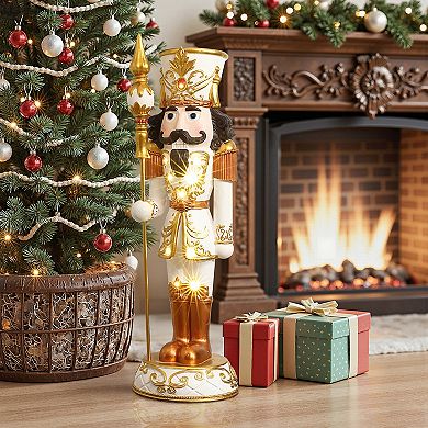 LuxenHome 3Ft Lighted White and Gold Nutcracker Soldier with Scepter, Battery-Op Christmas Decor